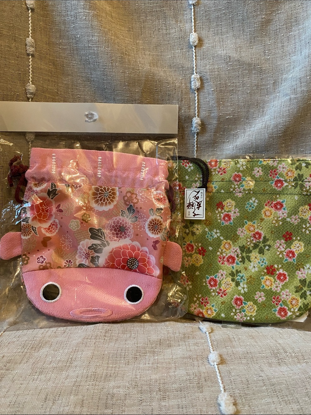 Pink and Green Floral Drawstring Coin bag Make-up bag, Jewelry pouch set of 2